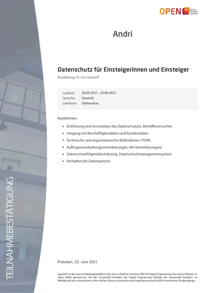 Teilnahmebestätigung: Datenschutz für Einsteigerinnen und Einsteiger, openHPI Hasso-Plattner-Institut, Andri, Juni 2021