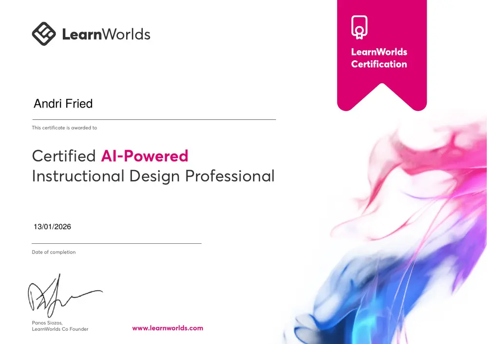 Zertifikat: Certified AI-Powered Instructional Design Professional, LearnWorlds, Andri Fried, Januar 2026